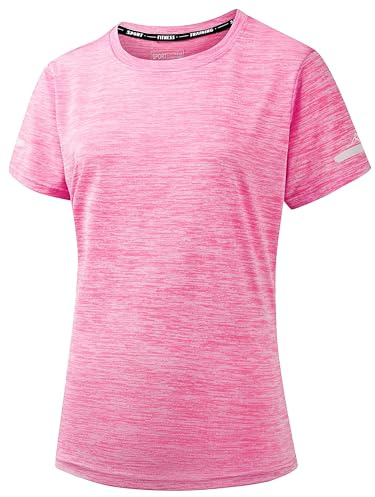 Peakwell Femme T-Shirt de Sport Respirant Manches Courtes Tee-Shirts Fonctionnels Tops, Rose, XL