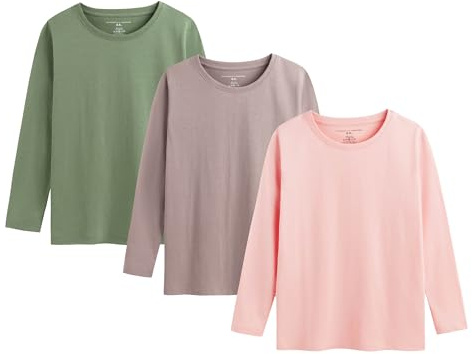 The Essentials Wardrobe Girls TEW 3 Pack LS T- Shirt - Pink/Taupe/Olive - 12/13 Years