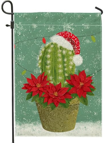 Bandiera da giardino con cactus, cappello di Babbo Natale fantasioso con stella di Natale, rosso su entrambi i lati, bandiere decorative per esterni, patio, prato, portico anteriore, balcone, 30,5 x