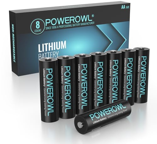 POWEROWL Pack de 8 Piles Lithium AA 1,5 V - Haute Performance LR06, Durée de Vie 10 Ans, Idéal pour Caméra de Surveillance, Flash Photo et Équipements Médicaux