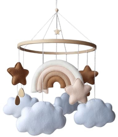 Regenbogen Baby Mobile – Neutrales Filz-Mobile mit Wolken & Sternen – Handgemachte Boho Deko fürs Babyzimmer – Hängemobile fürs Babybett oder die Wiege