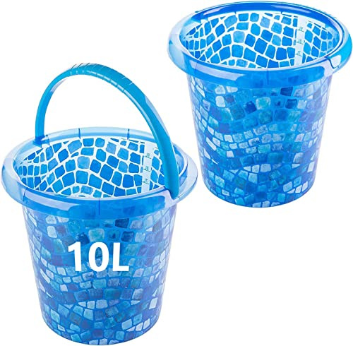 Livinja Putzeimer 2er Set Blau 10L, Mosaik-Design, Stabiler Haushaltseimer mit Skala, Transparentes Kunststoff, mit Henkel, Hergestellt in EU, Praktisch für Haushalt und Reinigung