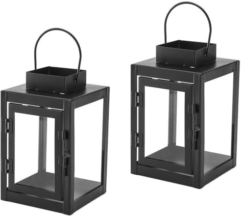 Lanterns Black Decorative, Set of 2, 16.5cm Tall Rustic Iron Hanging Lantern Metal Candleholder, Real Glass for Home Decoration with 10 Tea Light Candles (2pcs Black Lantern)