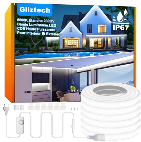 Striscia LED COB Esterno Impermeabile IP67 Spina Diretta, 20M Striscia Led 220V Luminosità per Esterni con Doppio Controller Fusibile, 6500K LED COB Bianca per Commerciali da Giardino e Patio