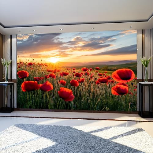 Fotomural Mar de flores rojas 400 x 280 cm Amanecer Papel Pintado 3D Moderno para Decoración de Pared en Salón, Dormitorio o Comedor