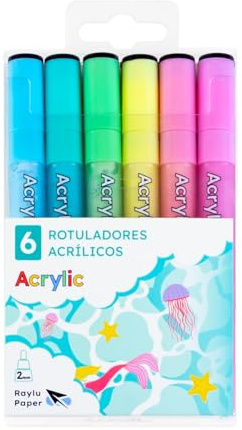 RAYLU PAPER – Rotuladores Acrílicos de Colores Pastel, Marcadores Acrílicos Multisuperficie con Punta Redonda de 2mm, Alta Pigmentación, Tinta Opaca y Secado Rápido (Pastel, 6 ud)