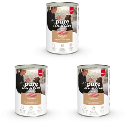 MERA Pure Sensitive Truthahn (6x400g), Hundefutter nass mit hohem Fleischanteil und getreidefrei, Nassfutter aus 100% tierischem Protein für Sensible Hunde, Single Protein (Packung mit 3)