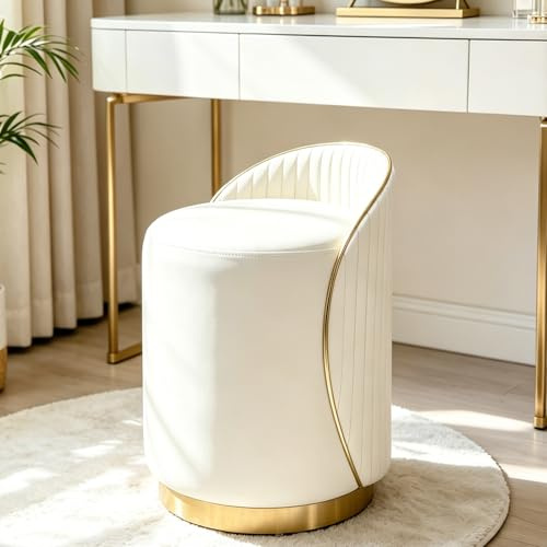 SANEIOUI Schminkstuhl 360° Drehbar Bequem, Modern Schminkhocker aus Leder, Schminktisch Hocker mit Lehne und Dicke Polsterung, Ergonomischer Hocker für Schlafzimmer, Wohnzimmer und Esszimmer (Beige)
