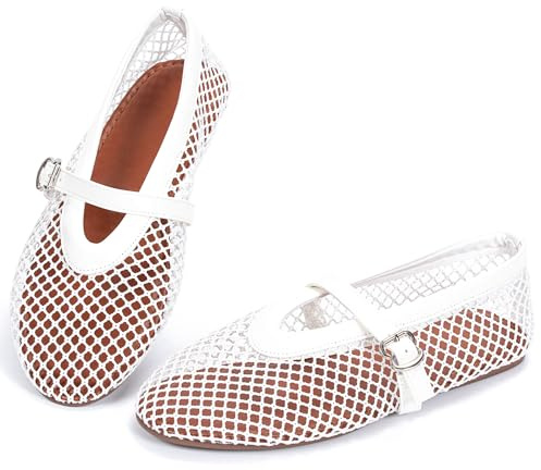 Mesh Ballet Flats for Women, Fishnet Ballerina Shoes Buckle Strap White
