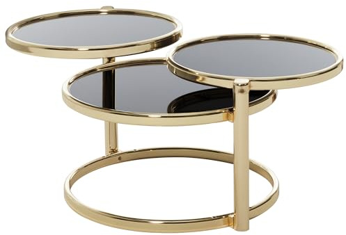 FineBuy Couchtisch 58x43x58 cm Glas Metall Gold mit 3 schwenkbaren Platten | Beistelltisch rund mit farblich abgesetzten Ebenen, Glastisch handgefertigt, Wohnzimmertisch individuell