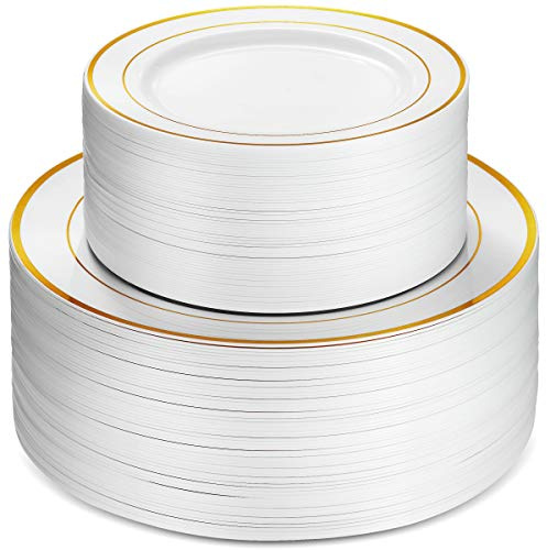 Munfix 100 Piece Plastic Party Plates White Gold Rim, 50 Premium Heavy Duty 10.25 Inch Dinner Plates and 50 Disposable 7.5 Inch Dessert Appetizer Elegant Fancy Heavy Duty Wedding Plates