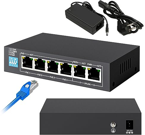 Extralink Krios, PoE Switch, PoE+, 4X PoE Ports, 2X RJ45, 60W Netzwerkswitch, 4 Betriebsarten, MDI/MDIX, Active PoE, Energiesparfunktion, Store-and-Forward, Ethernet 10/100/1000 Mb/s