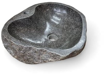 Flussstein Waschbecken 40-45 cm - Aufsatzwaschbecken aus Naturstein - Waschschale massiver Stein - Waschplatz mit Bohrung für Armatur