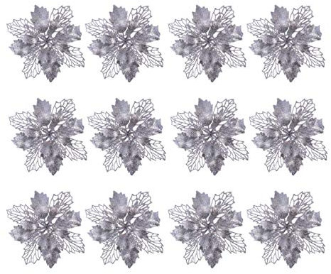 Milisten Künstliche Weihnachtssterne mit Glitzer, Weihnachtsbaumschmuck, Glitzer, Weihnachtsblumen, Büsche, Weihnachtsbaumdekoration, Basteln, Girlande, Kranz, Füllstoff, silberfarben, 12 Stück