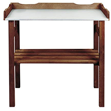 mgc24® Pflanztisch mit verzinkter Arbeitsplatte - 78x38x82cm aus Kiefernholz Dunkelbraun, mit Abstellboden / 3 Haken - für Garten Balkon Terrasse