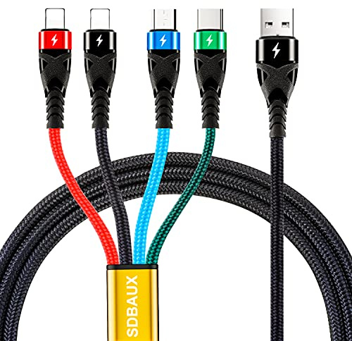 SDBAUX 1.2M Multi 4 in 1 Charging Cable, 3A Universal USB Charger Cord Lead | Braided Multiple Devices, with 2*iP/USB Type C/Micro USB Adapter, for iPhone, Samsung, LG, Moto, Huawei, Sony, Xiaomi, PS5.