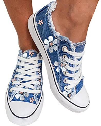 ticticlily Femme Canvas Basket Basse Classique Plate Toile Confortable Légère Lacets Casual B Bleu 38 EU