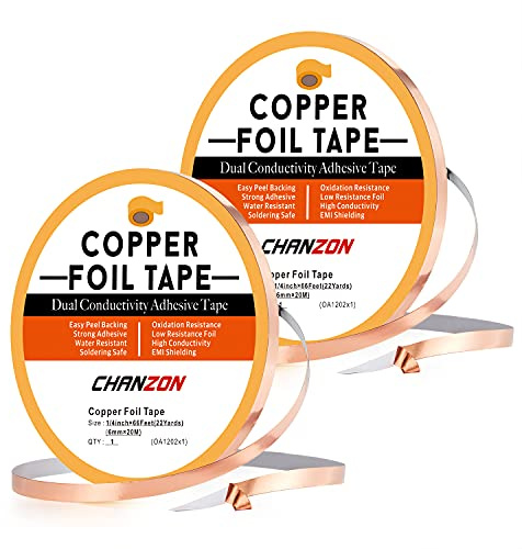 Chanzon Lot de 2 rubans en feuille de cuivre 6mm x 20M Adhésif conducteur double face pour vitrail soudure électrique artisanat réparation circuits papier blindage EMI et RF mise à la terre guitares