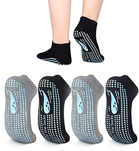 TENQUAN Womens & Mens Non-Slip Grip Socks for Yoga Pilates Martial Arts Fitness Dance Barre Anti-slip/Non-slip Full Toe Ankle Fall Prevention Slipper Socks (4 Pairs Black Grey)