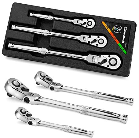 DURATECH 3-Piece Flex-Head Ratchet Set, 1/4, 3/8, 1/2 Drive Ratchet, 72-Tooth with Quick-Release Reversible Design, Chrome Alloy Made, Fully Polished, Organized in Storage Case