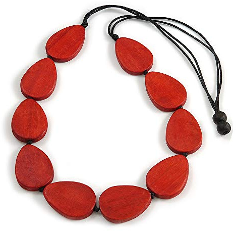 Avalaya Collana lunga con perline in legno rosso e cordoncino in cotone nero, lunghezza regolabile 80 cm