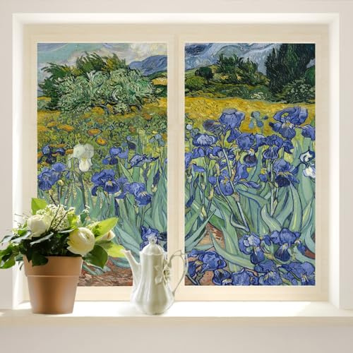 COALHO Fensterfolie, abstraktes Ölgemälde, Motiv: Frühling, Wildtiere, Blumen, grüne Blätter, geeignet für Wohnzimmer, Küche, Bad, 60 x 90 cm, 2 Stück