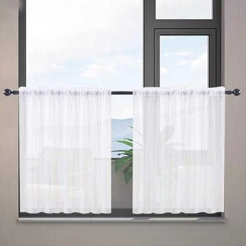 Mineup Scheibengardine, Halbtransparent Bistrogardine, Weiss Halbtransparent Fenstergardinen Gardine, Küche Voile Bistrogardine Vorhänge für Küche Wohnzimmer Cafè Landhaus(2 * 76x60cm)