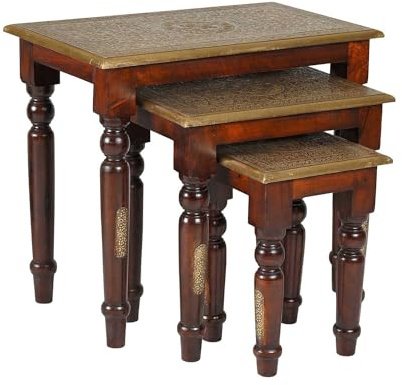 Transitional Style Hand Hammered Brass Foil Accented Wooden Nest Of Tables | Ornate Set Of 3 Side Tables | Indian Furniture | Nesting Tables