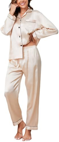 Reliwel Conjunto de Pijama Seda Mujer 2 Piezas Manga Larga con Botones Ropa de Dormir Satén Ropa de Noche Largo Pantalón Pijama Botones Mujer Loungewear S~XXL