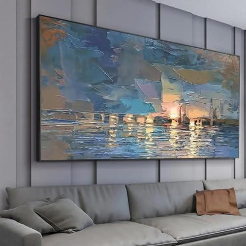 GELYX Stor abstrakt målning av segelbåt och havslandskap på duk, texturerad väggkonst, blått havslandskap, rumsdekoration, affisch och tryck, 80 x 160 cm, utan ram