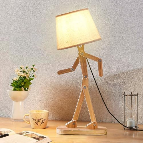 ELINKUME LED Tischlampe für Kinder Schlafzimmer Lesen mit Leinen Lampenschirm,Holz Swing Arm LED Schreibtischlampe für Home Decoration,Studie und Arbeitsbeleuchtung,Kreative Geschenke
