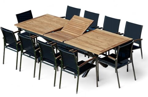 ALEOS. Gartengarnitur Edelstahl Teak Set: Ausziehtisch 200-260x100 cm + 10 Sessel stapelbar Edelstahl Gewebe schwarz Sitzgruppe A-Grade Teakholz - Gartenmöbel Set 10 Personen Gastro Qualität