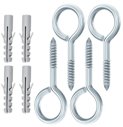 4Pcs Heavy Duty Screw Eyes 5 Inch Hook With 4 Plastic Wall Plugs for Securing Hammock, Garden Plant, Swing Chair, Kayak, Fixed Cable - Outdoor Metal Eyelet