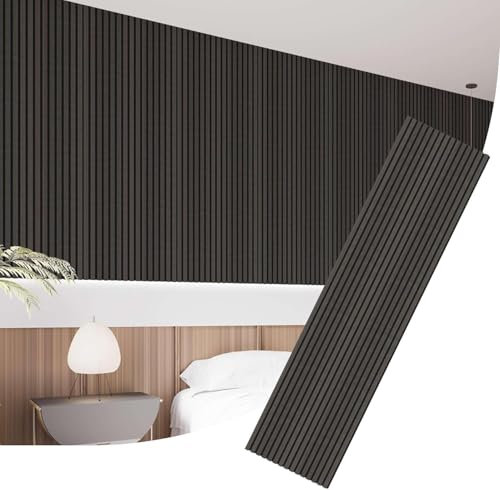 IZODEKOR Akustikpaneele Holz, 3D Akustik Wandpaneel - 4 Stück, 240x60cm - Wandverkleidung aus Holzleisten mit schalldämmender Filzpolsterung, Dekorative Wandpaneele aus Holz, MDF-Paneele | Dunkelholz