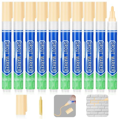 Flintronic 10PCS Grout Pen, Cream Tile Paint Marker, Tiles Grout Pen Wall Repair Pens, Tile Grout Reviver and Sealer Pens for Bathrooms Kitchen Floor Tile, Wall Lines