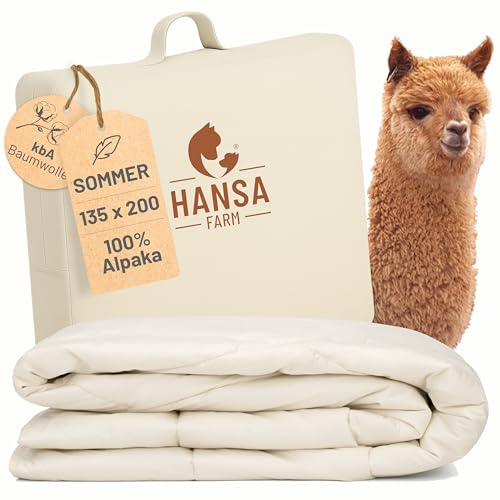 HANSA-FARM | Baby Alpaka Bio-Bettdecke 135 x 200 cm (Füllung 800g) - Frühling Sommer - atmungsaktiv und temperaturausgleichend - Große Aufbewahrungstasche