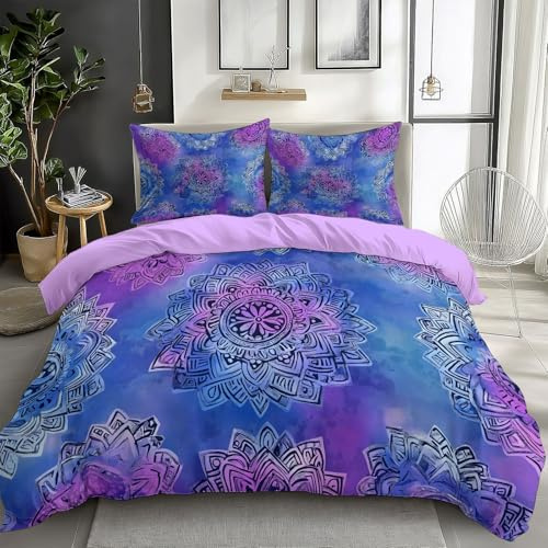 Funda Nórdica para Cama 135/150, Set de 3 Piezas, Patrón Floral Mandala Azul y Morado Juego de Ropa de Cama, 1 Funda Nórdica 220 x 240 cm + 2 Fundas de Almohada 50x75 cm, Púrpura Rosa