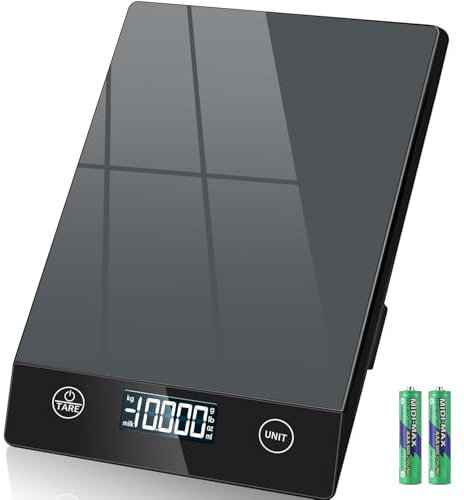 Küchenwaage Digital,Geneigtes Display,10KG,Hochpräzise 1g,mit Tara-Funktion,Glas Lebensmittelwaage Wasserdicht,Touchscreen inkl. Batterien-Grau