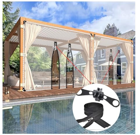 PVC Tarpaulin with Zipper,zipper transparent tarpaulin,Tarpaulin Poly Clear Vinyl Cover,Transparent Waterproof Curtains for Pergola,Clear Tarp Curtains with Zipper Door(H2.1xW4m/H6.8xW13.1ft)