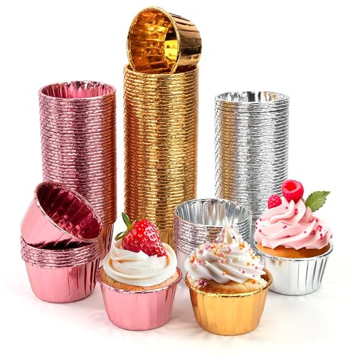 Papel para Magdalenas Forro de Aluminio Papel para Muffins Cápsulas para Cupcakes para Hornear Pastel Tarta Cumpleaños Bodas Fiesta 150 Unidades (Oro/Oro Rosa/Plata)