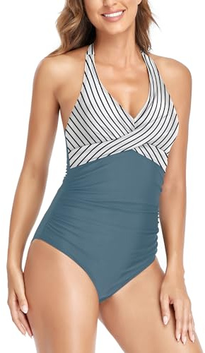FLYILY Baddräkt för kvinnor magkontroll rynkad halter V-ringad baddräkt i ett stycke, Bluestripe, XL