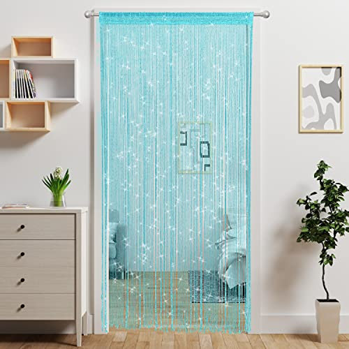 Ateasierlife Door String Curtain Doorway Beads Curtains,Hanging Room Divider Beaded Decor Hippie Glitter Fringe Panel Closet Window Wall Backdrop Doors Sequin Sheer Boho Doors Tassel (Lake-Blue)