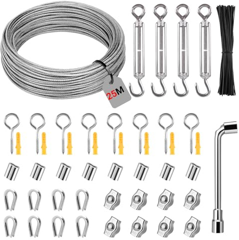 25M 2mm Drahtseil Edelstahl Set, Stahlseil mit M5 Ösen Seilspanngarnitur, Seilspanner Spannschloss Spanndraht PVC-ummantelt für Zäune, String Light Suspension, Wäscheleine