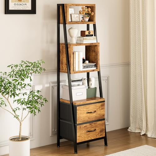 Coleshome 5-Etagen Bücherregal Schmal 2 Schubladen, Standregal, Retro | Einfache Montage Kompakt Vintage Offene Regale Kippschutz Kratzfest Aufbewahrung Wohnzimmer Schlafzimmer