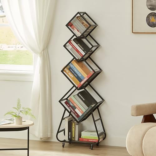 Ogimeka Bücherregal Schwarz, Metall Standregale Bücherturm mit 5 Ebenen, Bücherschrank, Bookshelf mit Anti-Fall-Design, Regal für Wohnzimmer, Schlafzimmer, Heimbüro, 53x21x152cm (C)