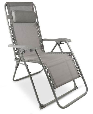 FZ Sdraio Relax Reclinabile Miami Tortora – Sedia a gravità Zero Pieghevole in Textilene – Lettino da Giardino con Struttura in Acciaio e Poggiatesta – per Esterno, Terrazzo e Campeggio