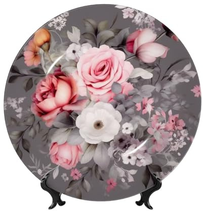 EKPRAVDKTF Plant Floral Flowers Art Home Wobble-Plate Bone China Decorative Plate With Display Stand, Wall Hanging Decor Porcelain Plates Ornament Home Living Dining Room Study Wine Cabinet Decor