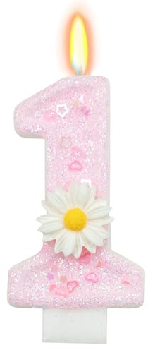DazzJoy Gänseblümchen Geburtstagskerzen Zahlen 1, Gänseblümchen Kerze 1. Geburtstag Mädchen Deko, Geburtstagskerze 1 Jahr Mädchen, Tortendeko 1 Geburtstag Junge, Zahlen Kerzen 1 Rosa(ca.7,2cm)