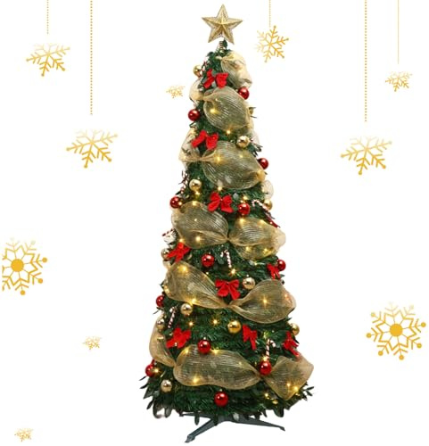 Sapin de Noël Pliable, Sapin de Noël Pop-up avec lumières, Arbre de Noël Artificiel rétractable avec Ruban,nœuds, pour décorations de fête de Noël (New-1.2M)