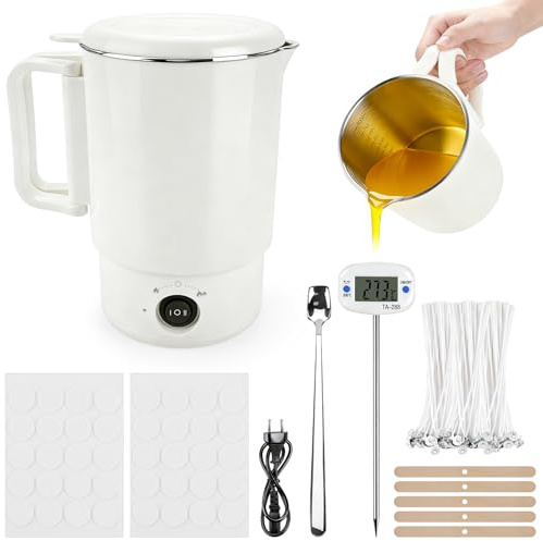 Electric Wax Melter, Elektrischer Kerzenschmelzer, Zubehör für das Kerzenherstellungsset inklusive Schmelztopf, Thermometer, Dochte, Dochtaufkleber, Dochthalter und Rührlöffel